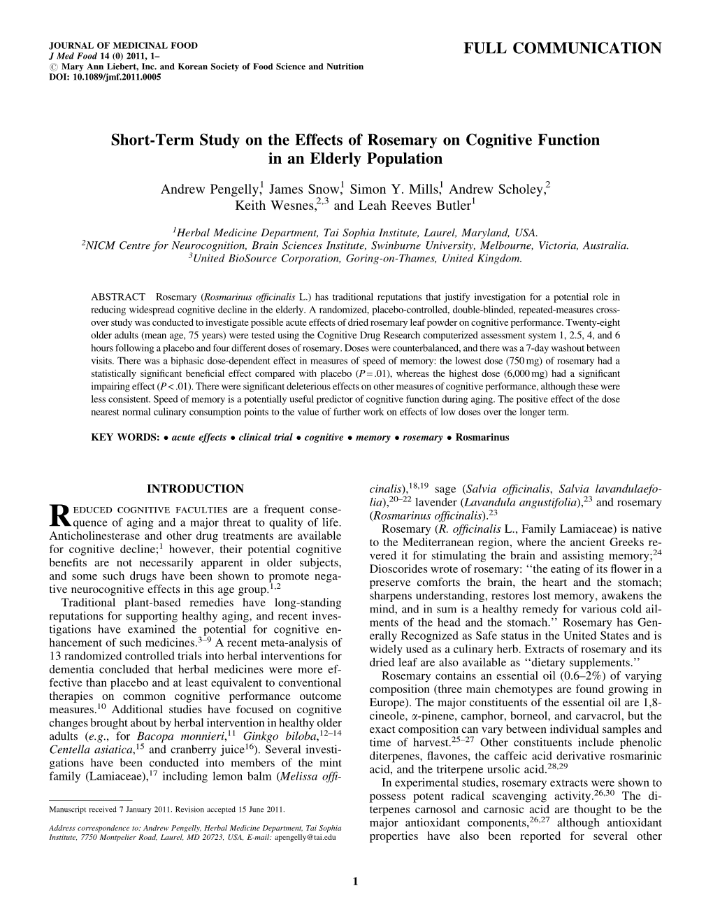 Short-Term Study on the Effects of Rosemary on Cognitive Function in an Elderly Population