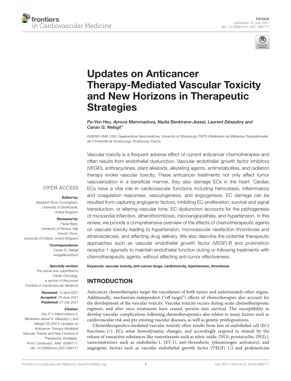 Updates on Anticancer Therapy-Mediated Vascular Toxicity and New Horizons in Therapeutic Strategies