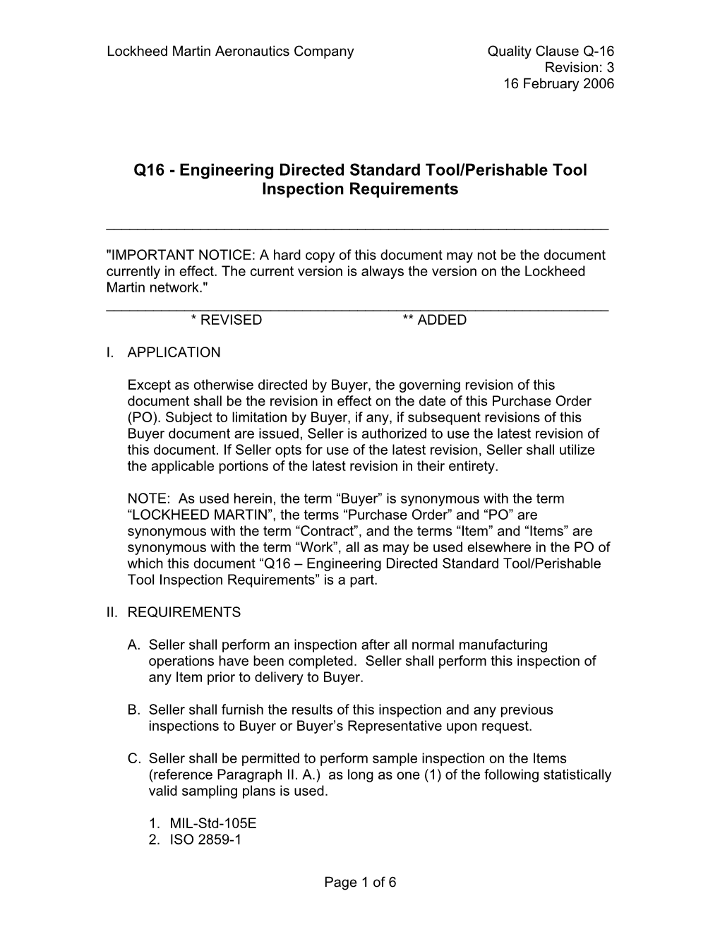 Q16 - Engineering Directed Standard Tool/Perishable Tool Inspection Requirements