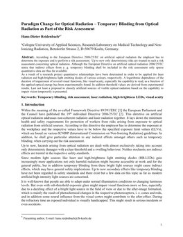 Temporary Blinding from Optical Radiation As Part of the Risk Assessment