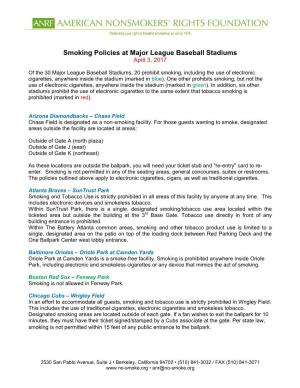 Smoking Policies at Major League Baseball Stadiums April 3, 2017
