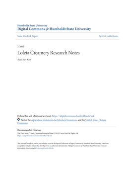 Loleta Creamery Research Notes Susie Van Kirk