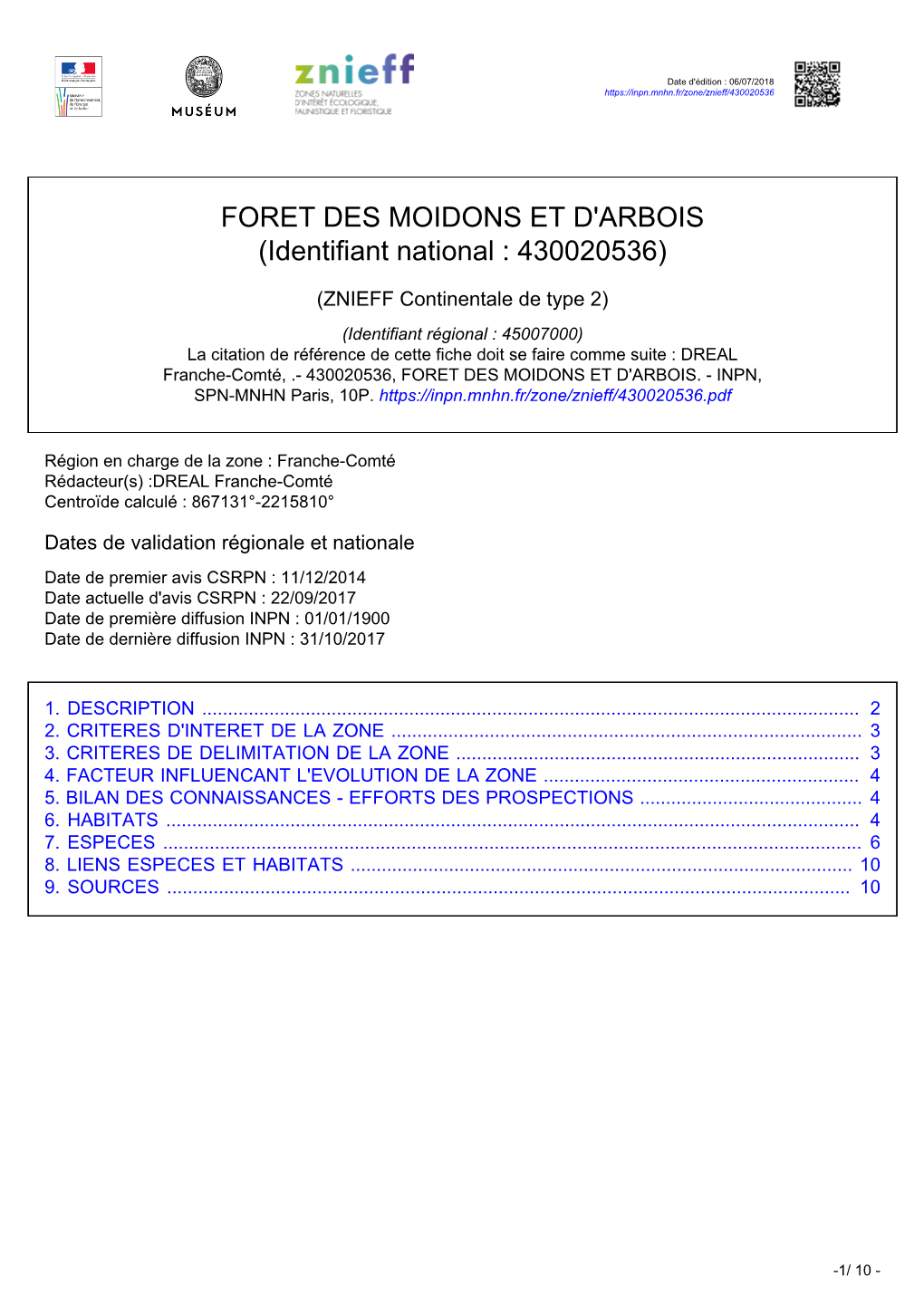 FORET DES MOIDONS ET D'arbois (Identifiant National : 430020536)