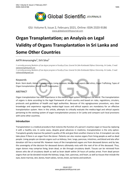 Organ Transplantation; an Analysis on Legal Validity of Organs Transplantation in Sri Lanka and Some Other Countries