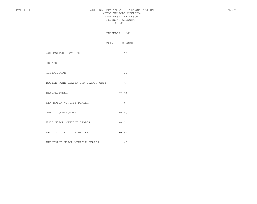Mv680491 Arizona Department of Transportation Mv579d Motor Vehicle Division 1801 West Jefferson Phoenix, Arizona 85001 D