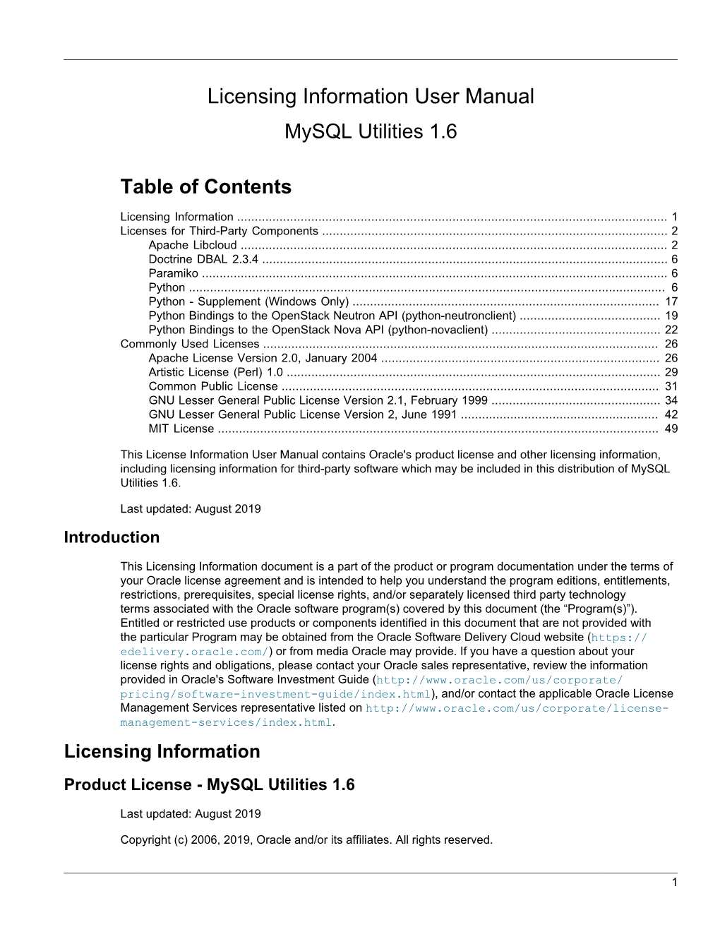 Licensing Information User Manual Mysql Utilities 1.6