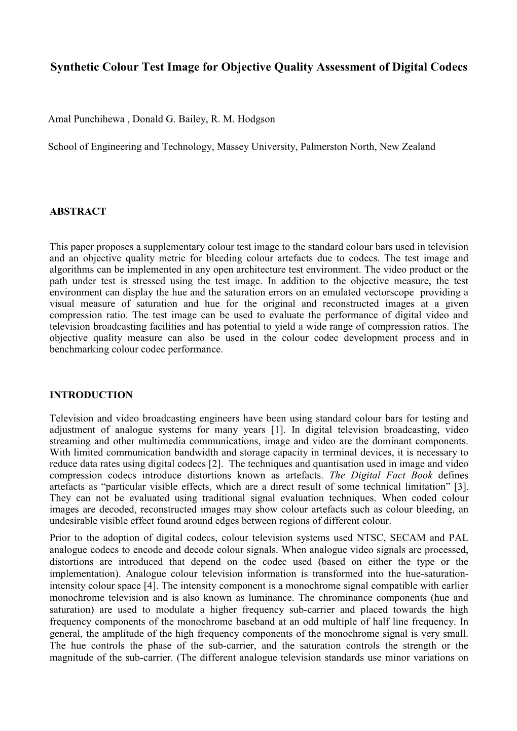 Synthetic Colour Test Image for Objective Quality Assessment of Digital Codecs