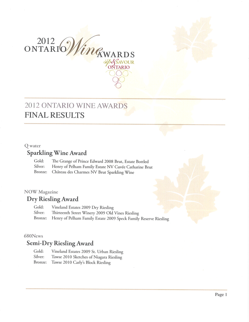 Ontario Wine Awards 2012