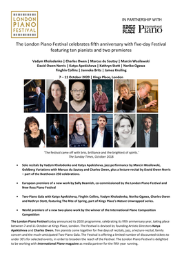 The London Piano Festival Celebrates Fifth Anniversary with Five-Day Festival Featuring Ten Pianists and Two Premieres