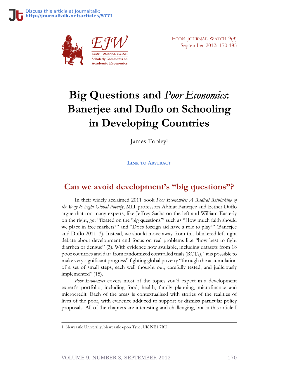 Big Questions and Poor Economics: Banerjee and Duflo on Schooling in Developing Countries