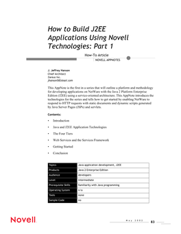 How to Build J2EE Applications Using Novell Technologies: Part 1 How-To Article NOVELL APPNOTES