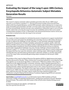 Evaluating the Impact of the Long-S Upon 18Th-Century Encyclopedia Britannica Automatic Subject Metadata Generation Results Sam Grabus