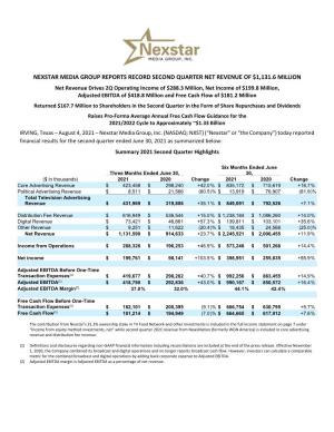 Nexstar Media Group Reports Record Second Quarter Net Revenue of $1,131.6 Million