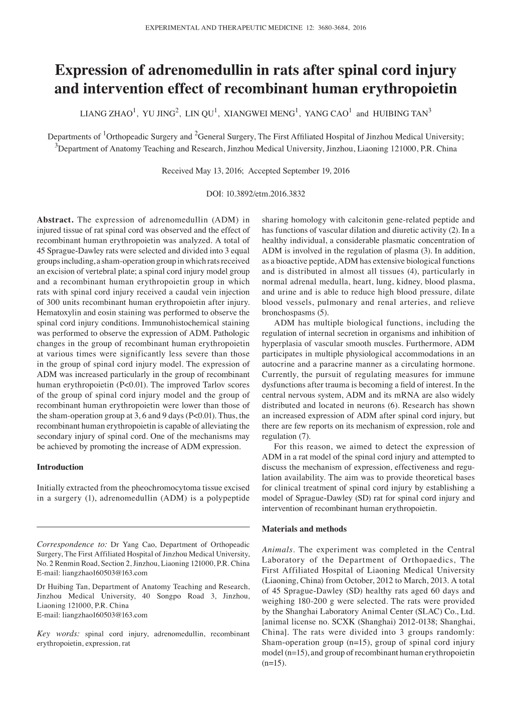 Expression of Adrenomedullin in Rats After Spinal Cord Injury and Intervention Effect of Recombinant Human Erythropoietin