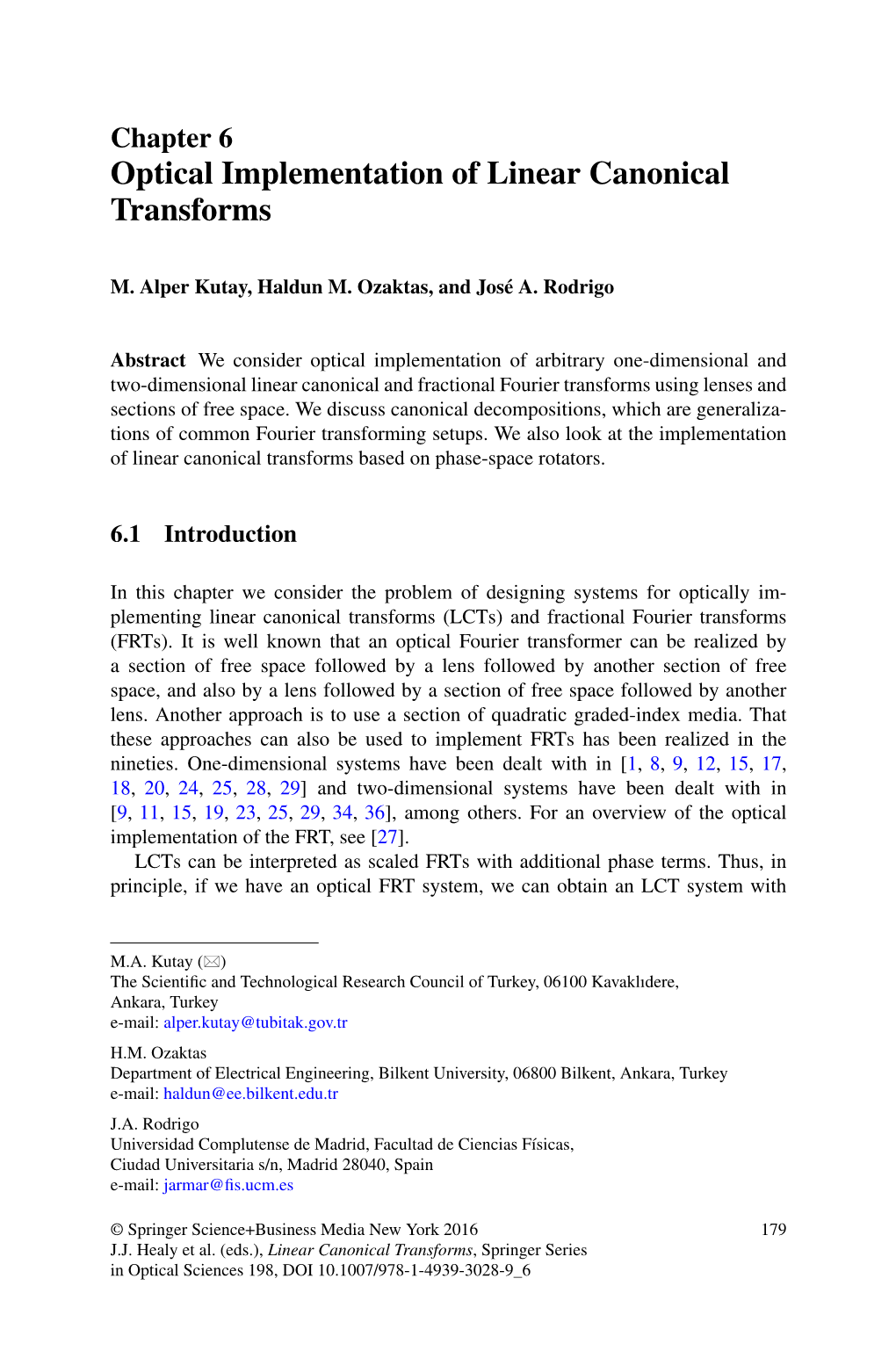 Chapter 6 Optical Implementation of Linear Canonical Transforms