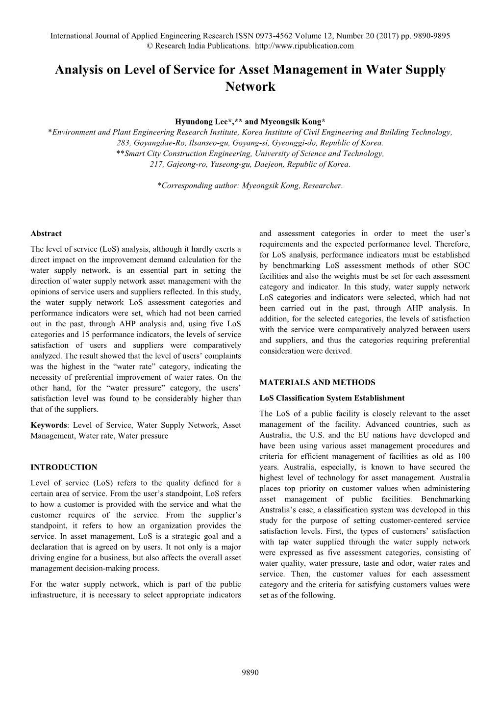 Analysis on Level of Service for Asset Management in Water Supply Network