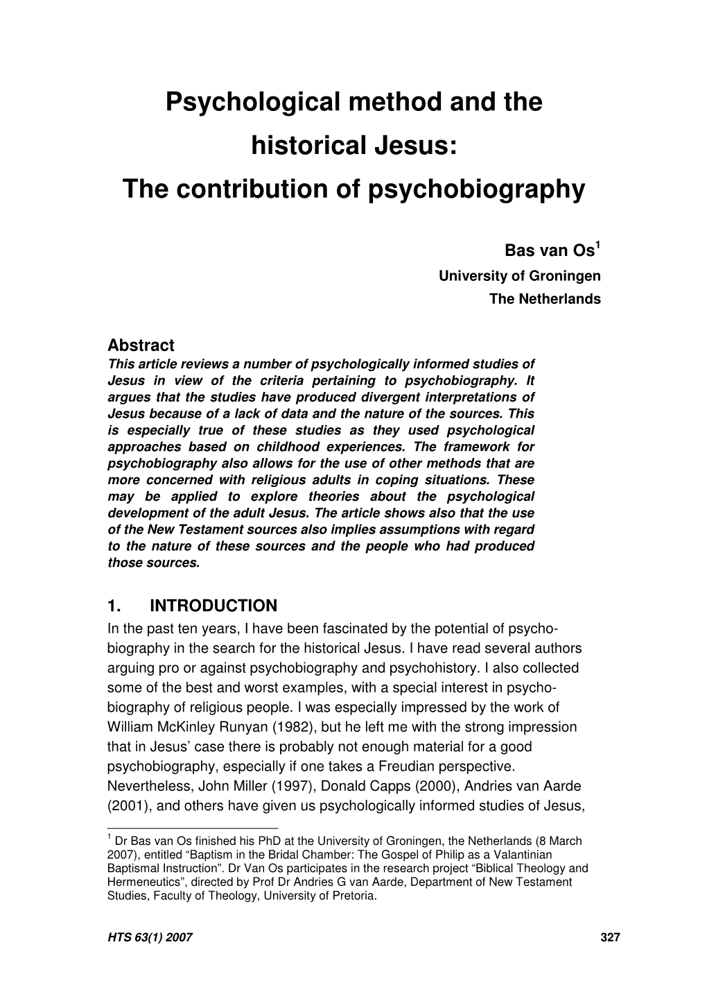 Psychological Method and the Historical Jesus: the Contribution of Psychobiography