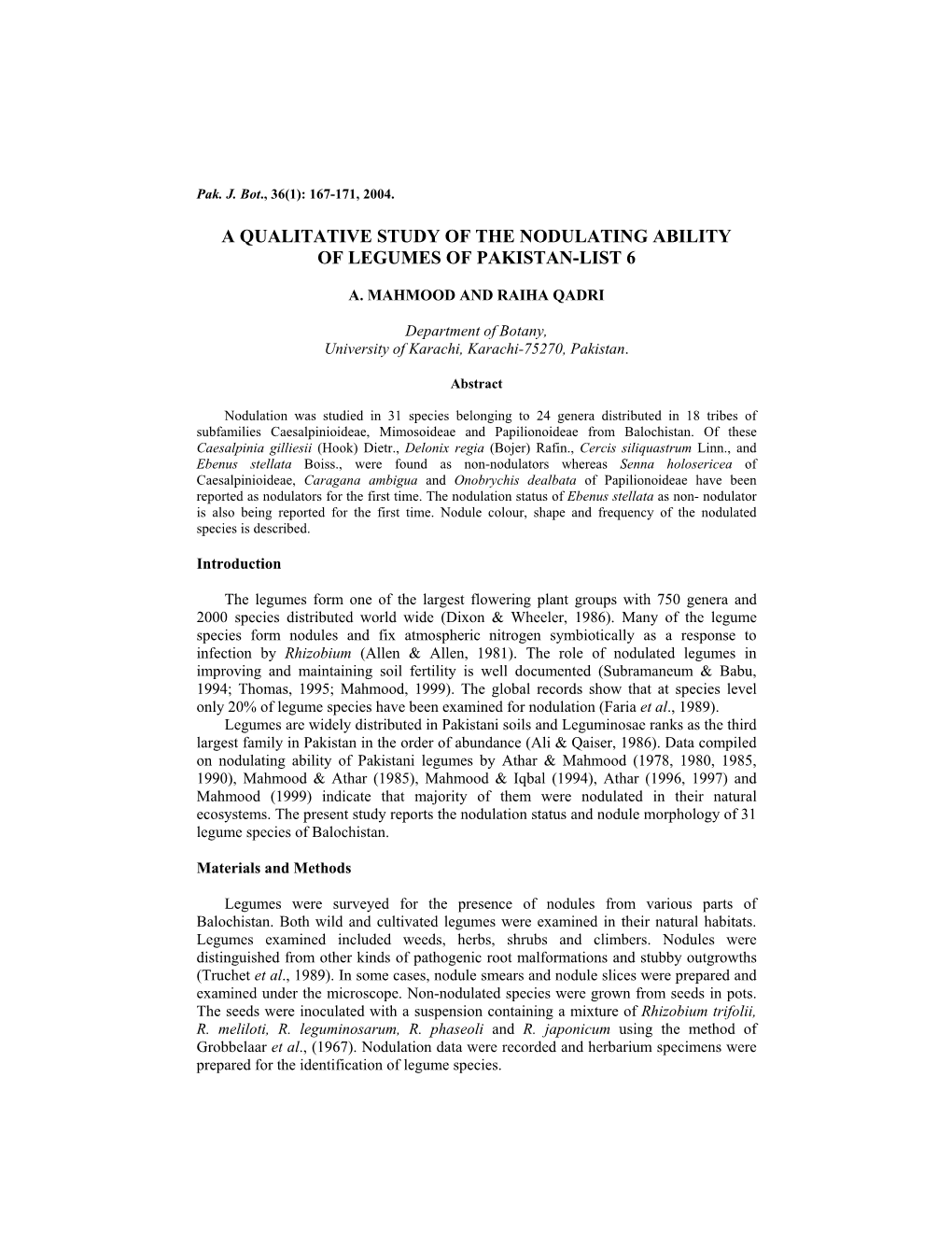 A Qualitative Study of the Nodulating Ability of Legumes of Pakistan-List 6