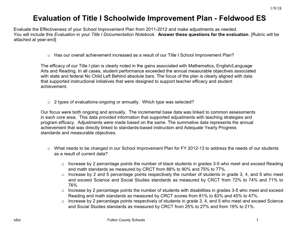 Evaluation of Title I Schoolwide Improvement Plan - Feldwood ES