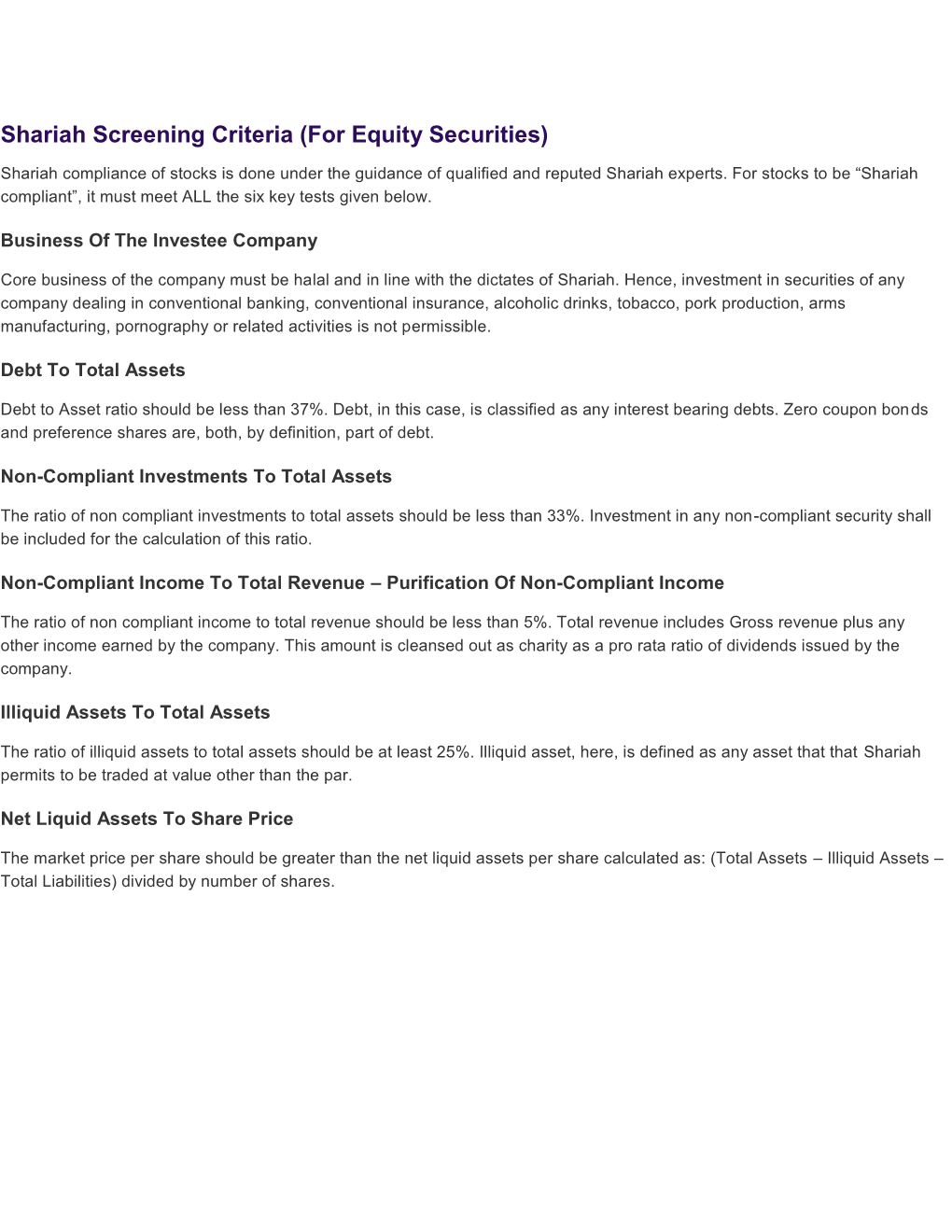 Shariah Screening Criteria (For Equity Securities)