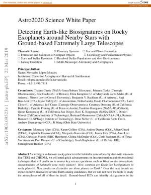 Astro2020 Science White Paper Detecting Earth-Like Biosignatures on Rocky Exoplanets Around Nearby Stars with Ground-Based Extremely Large Telescopes