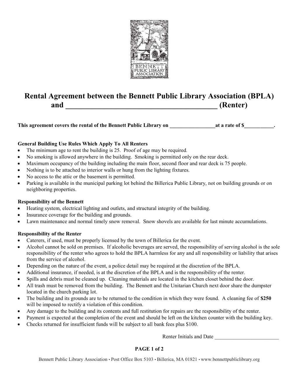 Rental Agreement Between the Bennett Public Library Association and the Billerica Museum