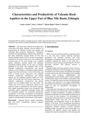 Characteristics and Productivity of Volcanic Rock Aquifers in the Upper Part of Blue Nile Basin, Ethiopia
