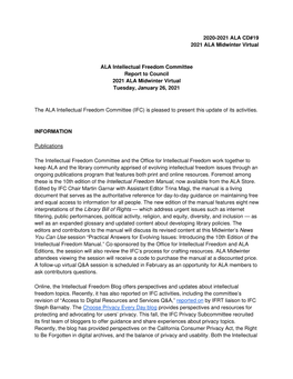 Intellectual Freedom Committee Report to Council 2021 ALA Midwinter Virtual Tuesday, January 26, 2021