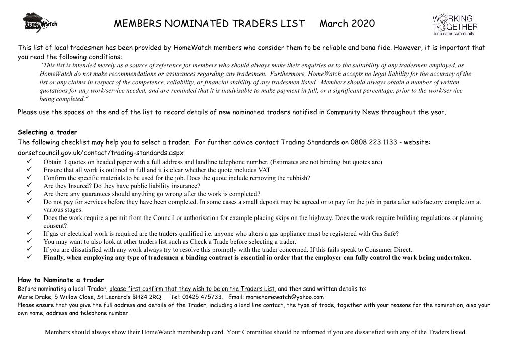 MEMBERS NOMINATED TRADERS LIST March 2020