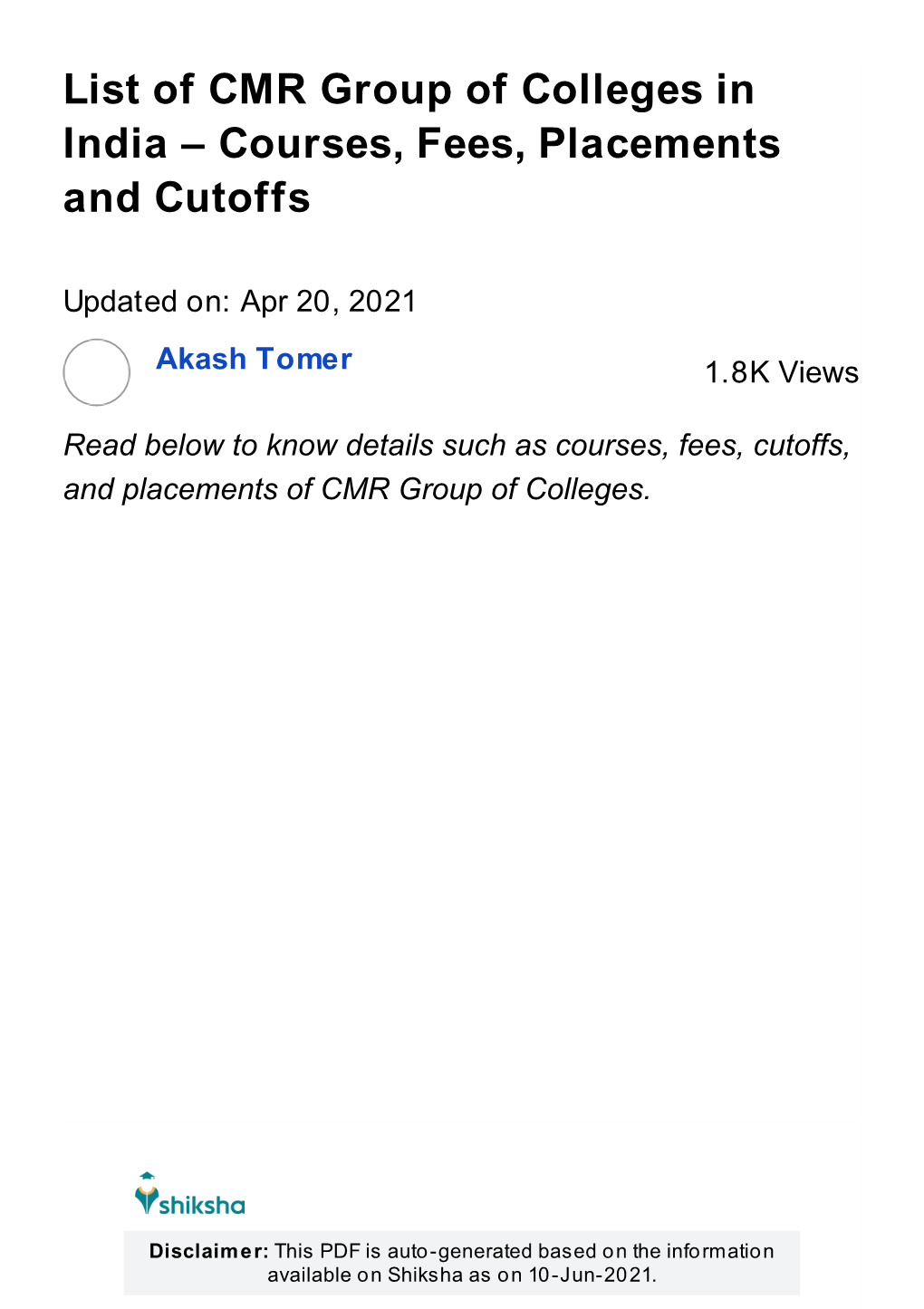 List of CMR Group of Colleges in India – Courses, Fees, Placements and Cutoffs