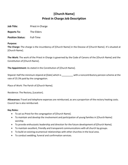 [Church Name] Priest in Charge Job Description