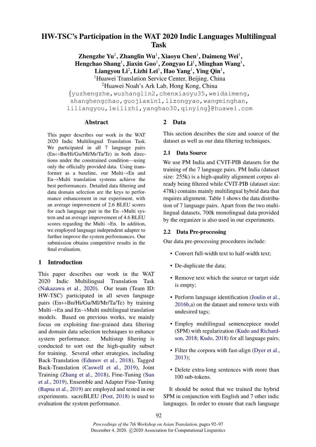 HW-TSC's Participation in the WAT 2020 Indic Languages Multilingual