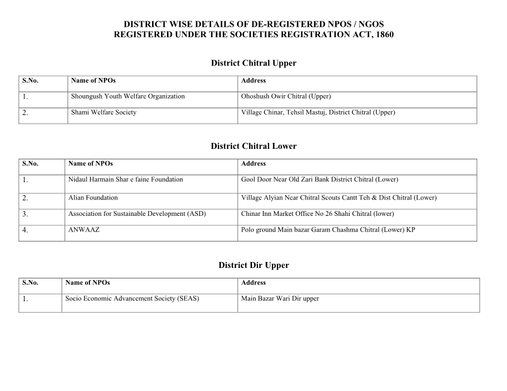 District Wise Details of De-Registered Npos / Ngos Registered Under the Societies Registration Act, 1860