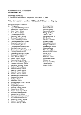 Parliamentary Elections 2005 Polling Stations Masvingo