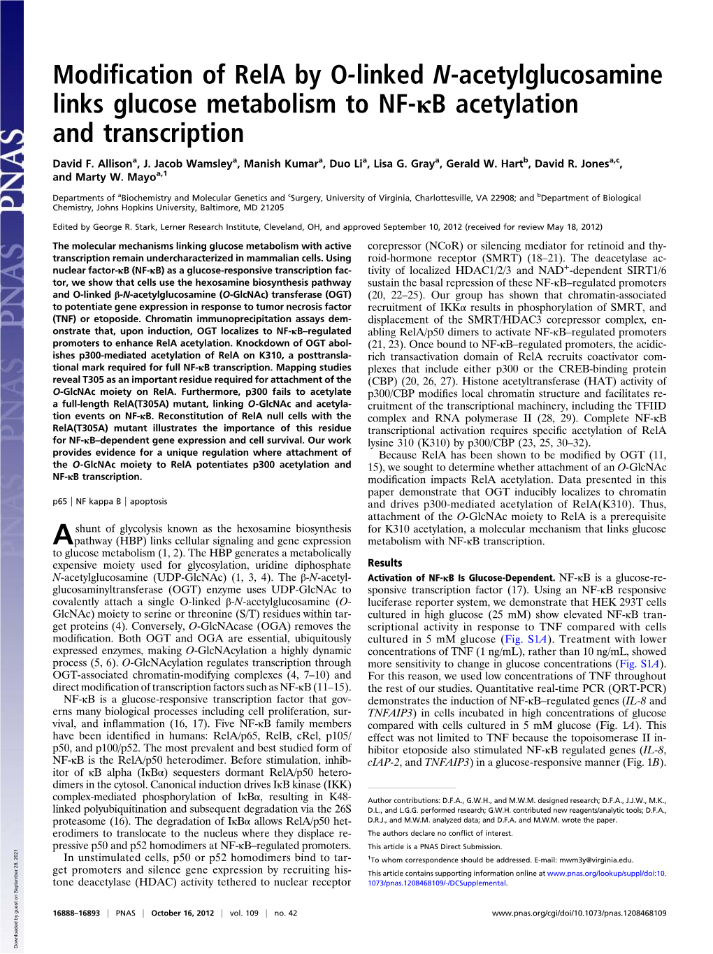 Modification of Rela by O-Linked N-Acetylglucosamine Links Glucose