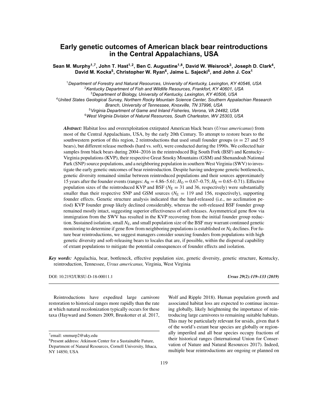 Early Genetic Outcomes of American Black Bear Reintroductions in the Central Appalachians, USA