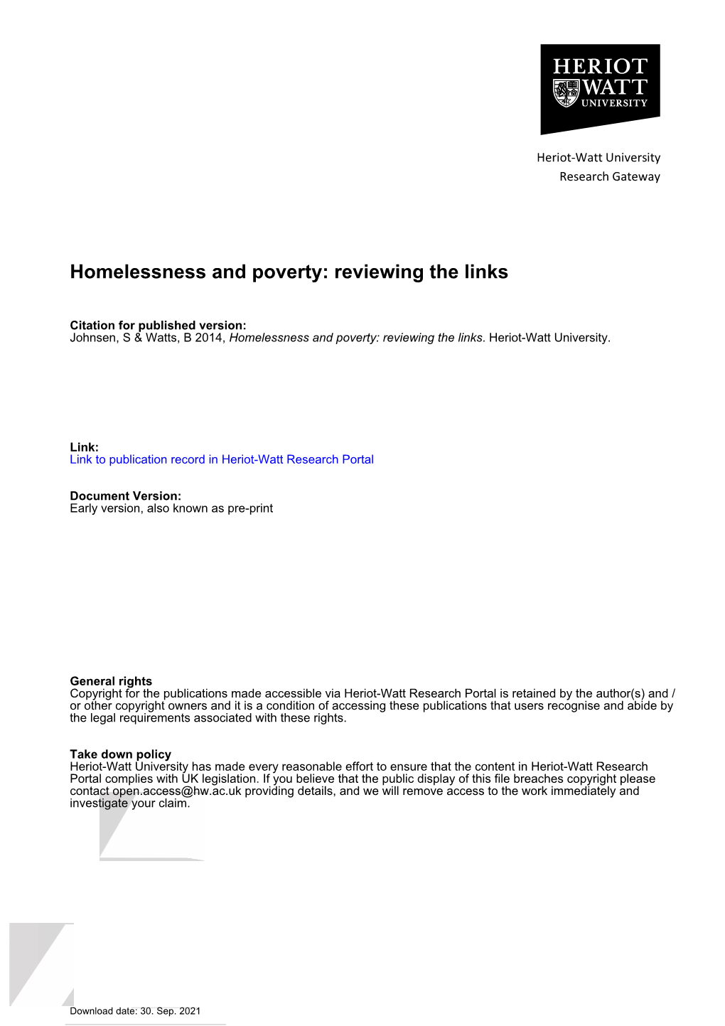 Homelessness and Poverty: Reviewing the Links