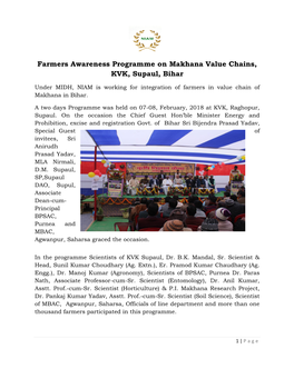 Farmers Awareness Programme on Makhana Value Chains, KVK, Supaul, Bihar