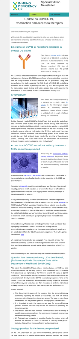 Special Edition Newsletter Update on COVID- 19, Vaccination and Access