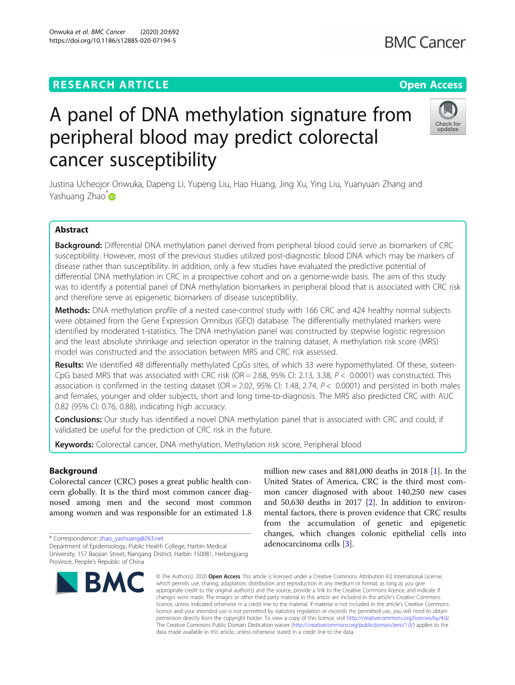 A Panel of DNA Methylation Signature from Peripheral Blood May Predict