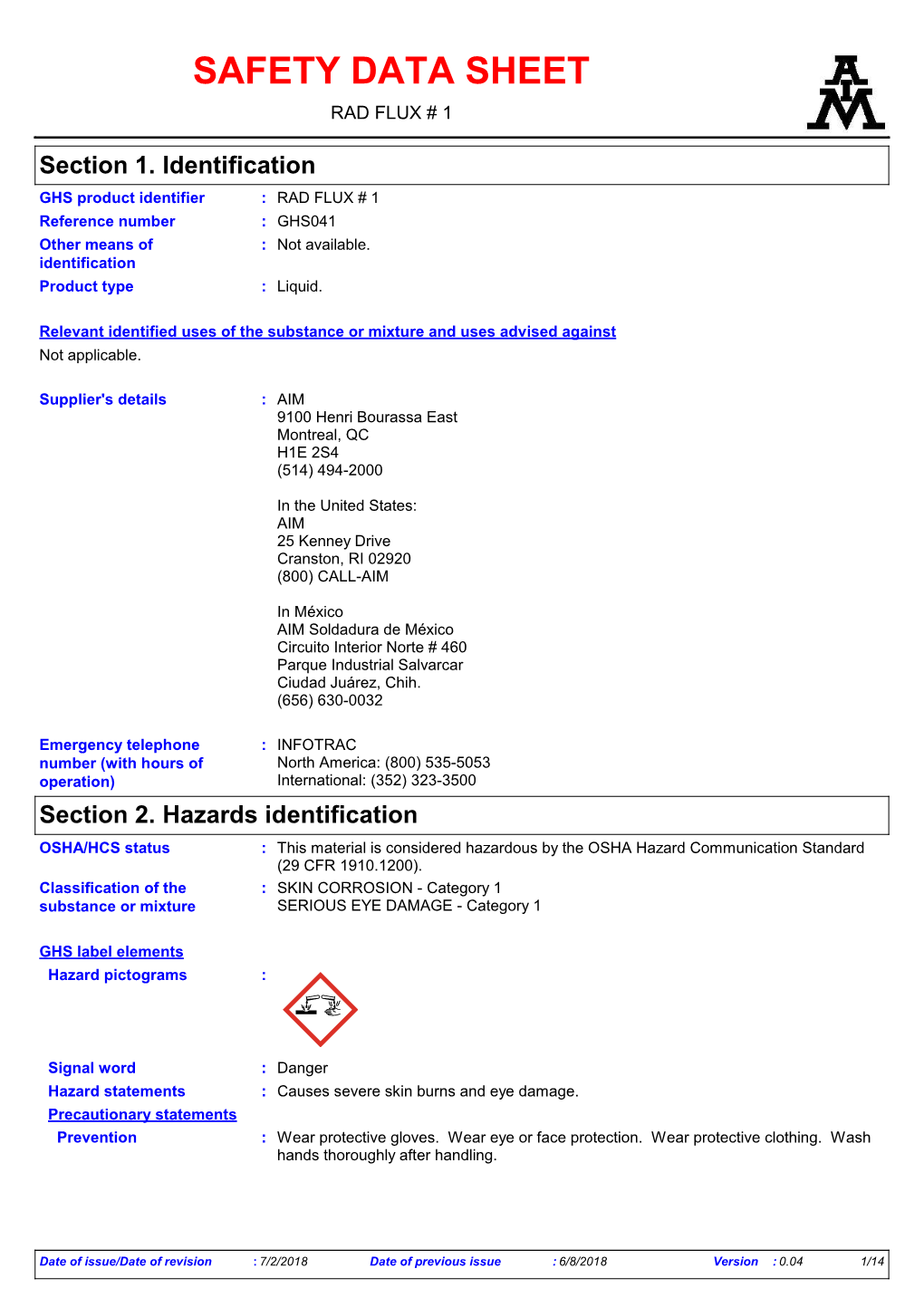 Safety Data Sheet Rad Flux # 1