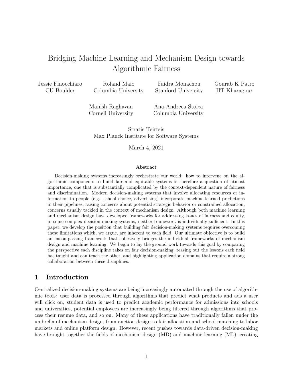 Bridging Machine Learning and Mechanism Design Towards Algorithmic Fairness