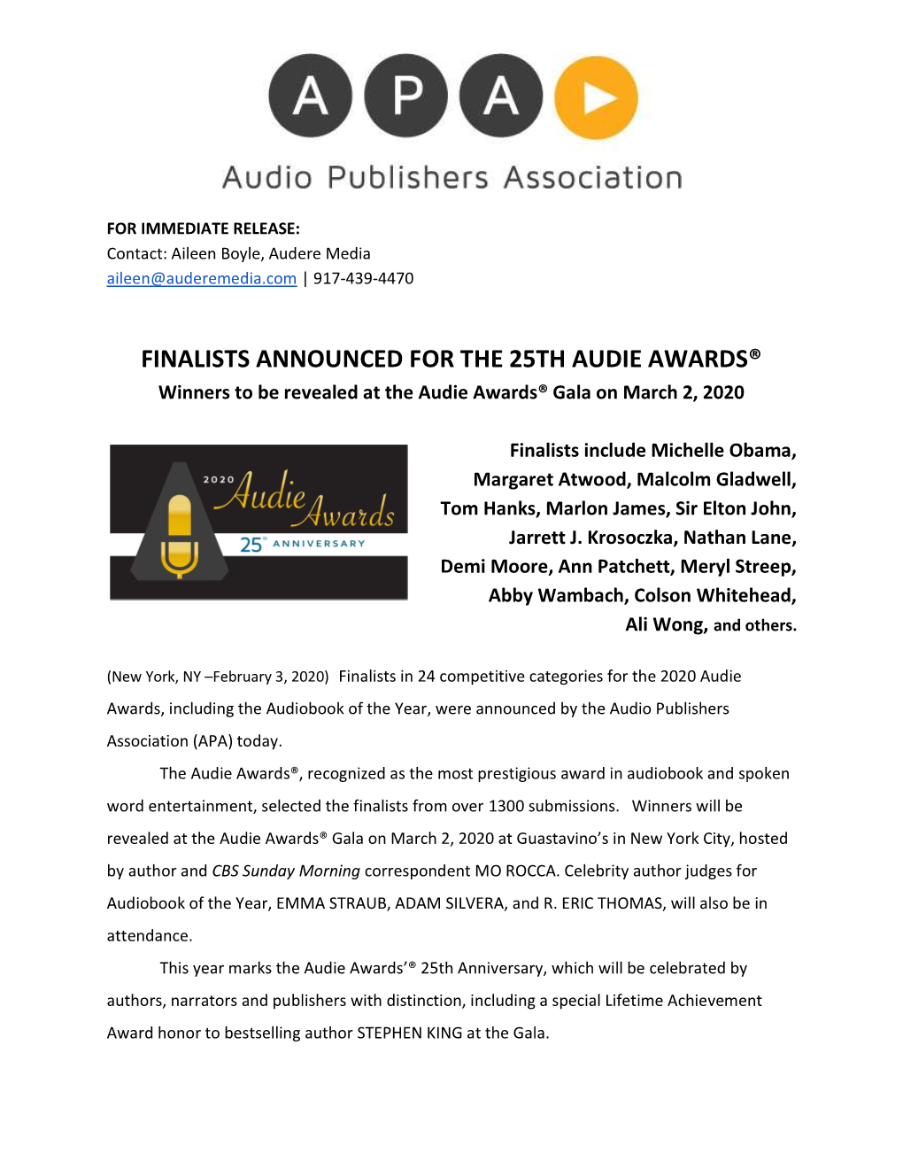 FINALISTS ANNOUNCED for the 25TH AUDIE AWARDS® Winners to Be Revealed at the Audie Awards® Gala on March 2, 2020