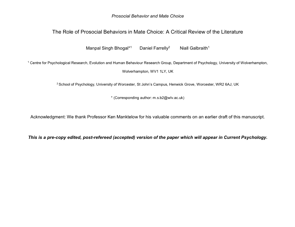 The Role of Prosocial Behaviors in Mate Choice: a Critical Review of the Literature