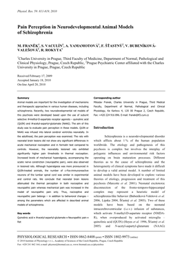 Pain Perception in Neurodevelopmental Animal Models of Schizophrenia