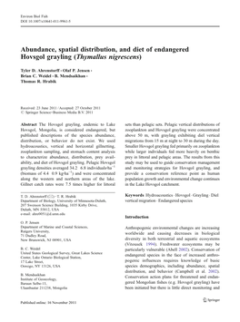 Abundance, Spatial Distribution, and Diet of Endangered Hovsgol Grayling (Thymallus Nigrescens)