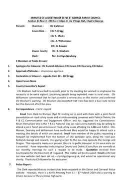 MINUTES of a MEETING of CLYST ST GEORGE PARISH COUNCIL Held on 14 March 2019 at 7.30Pm in the Village Hall, Clyst St George