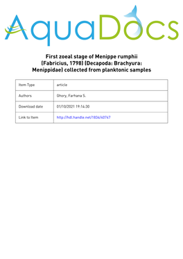 First Zoeal Stage of Menippe Rumphii (Fabricius, 1798) (Decapoda: Brachyura: Menippidae) Collected from Planktonic Samples