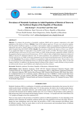 Prevalence of Metabolic Syndrome in Adult Population of District of Tetovo in the Northwest Region of the Republic of Macedonia