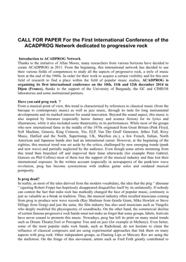 First International Conference of the ACADPROG Network Dedicated to Progressive Rock